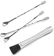 SourceTon Set of 4 Muddler Bar Tools Essentials, 10 Inch Stainless Steel Cocktail Muddler & 3 Pieces Mixing Spoons Ideal Bartender Tool for Home and Bar