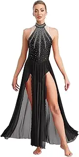 [Jugaoge] Women Shiny Rhinestone Lyrical Dance Dress Sleeveless Keyhole Back Side Split Maxi Dress