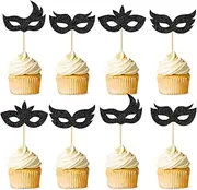 Cyodoos 24Pcs Masquerade Masks Cupcake Toppers Black Glitter Bachelorette Party Mask Cupcake Food Fruit Picks Masquerade Mardi Gras Party Baby Shower Birthday Party Cake Decor Supplies
