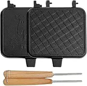 Double Sided Frying Pan | Removable Light Sandwich Baking Pan,Camping Sandwich Maker with Wooden Handle, Indoor Grill Kitchen Perfect for Breakfast Pluvo