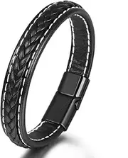[CENAST] Braided Leather Bracelet for Men Wrist Cuff Bangle with Magnetic Clasp Closure 8.5 Inch