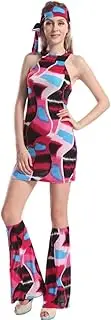 Costume Bay Women's 60s 70s Vintage Groovy Shimmy Hippie Dress with Headband Costume Flared Pants Halloween Disco Outfit Fancy Dress Cosplay Carnival Party (Retro Blue Purple, L)
