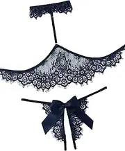 [Lilosy] Women's Sexy Choker Halter Floral Lace Sheer Lingerie Set See Through Bra and Panty Bow 2 Piece Navy Blue Petite X-Small, Navy Blue, X-Small