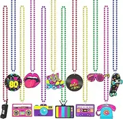 Tigeen 48 Pcs 80s Beaded Necklaces Metallic Neon Beads Retro Glow Party Disco Necklaces Bulk Colorful Rock Music Necklace for Women Kids 1980s Party Favors Supplies, 12 Styles (Rock Music)
