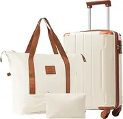 [Merax] Luggage Set 3 Piece Expandable Lightweight Spinner Suitcase with Corner Guards, White Brown 20, DB/TB/20in, Db/Tb/20in