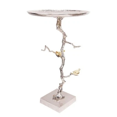 17 in. Silver and Gold Round Metal End Table with Bird Accents