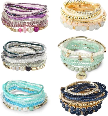 6 Sets Bohemian Stackable Bead Bracelets for Women - Multilayered Stretch Bracel