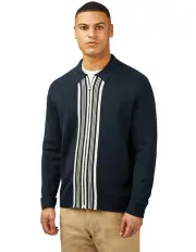 [Ben Sherman] Textured Zip Through Long Sleeve Polo in Dark Navy