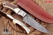 HUNTEX Handmade Damascus Blade, Deer Antler Handle, 230 mm Straight-back Knife