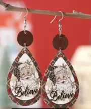 Christmas Santa Clause Believe Teardrop Shaped Earrings Perfect For Holiday