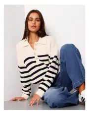 [Grab Denim] Collared Button Through Jumper in Cream/Navy Stripe