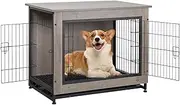 Shintenchi Dog Crate Furniture, Double-Doors Kennel Indoor with Removable Tray, End Table Dog House for Small Medium Breed, 32.5" L, Grey
