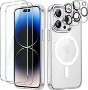 JETech 5 in 1 Magnetic Case for iPhone 14 Pro Max 6.7-Inch with 2-Pack Tempered Glass Screen Protector and Camera Lens Protector, Compatible with MagSafe, Shockproof Phone Cover (Clear)