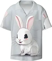 [YANYU] Cute White Rabbit Print Hawaiian Shirts Men Short Sleeve Button Down Cuban Collar Shirt Summer Beach Days