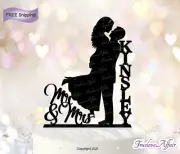 Silhouette Acrylic Wedding Cake Topper ~ Groom holding Bride, w/Name [TLA41]