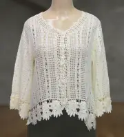 Kroshetta by Papillon Crochet Knit Sweater Cardigan 3/4 Sleeve Ivory Size M