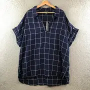 New Tahari 2X Navy Blue Plaid Linen Blend Tunic Top Short Sleeve Collared