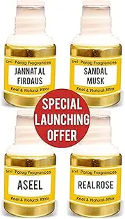 Parag Fragrances Jannat al Firdaus, Sandal Musk, Aseel, Real Rose Attar Each 5ml (Launching Offer Pack) (Alcohol Free Long Lasting Attar For Men or Religious Use)