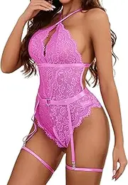 [Donnalla] Women One Piece Lingerie Sexy Lace Bodysuit Babydoll Lingerie with Garter