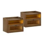 Floating End Table Set of 2 with LED Lights, Floating Bedside Table Walnut
