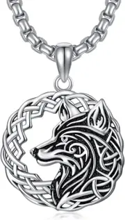 Wolf Necklace 925 Sterling Silver Celtic Knot Viking Wolf Head Pendant Men Women