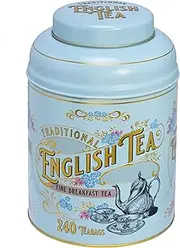 New English Teas Vintage Victorian Tea Caddy in Powder Blue with 240 English Breakfast Teabags