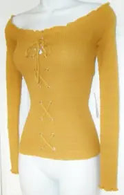 ORANGE KISS LACE UP FRONT OFF/ON SHOULDER LONG SLEEVE TOP SIZE STRETCHY L NWT