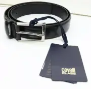 NWT Roberto Cavalli Class CCG 191 Men's Black Leather Belt Chrome Buckle Size 80