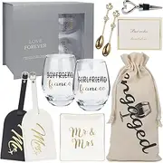 [HNSHAG] Engagement Gifts for Couples - Unique Bridal Shower Gift Box Wine Glasses Kit Mr & Mrs Ring Dish Honeymoon Luggage Tags for Him and Her - Personalized Wedding Gifts for Bride and Groom