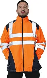 [Janisramone] Mens Hi Vis Rain Jacket High Visibility Reflective Tape Band Safety Work Wear Waterproof Raincoat