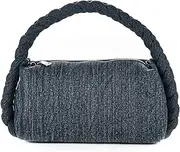 [Wabilu] Women Trendy Denim Bag Woven Top Handle Jean Clutch Purse Hobo Knot Satchel Tote Crossbody Shoulder Sling Handbag With Chain