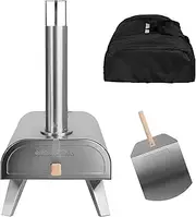 [George Foreman] Outdoor 12 Inch Wood Pellet Portable Wood Fired Pizza Oven Stainless Steel with Paddle and Carry Bag, BBQ Oven & Smoker, Foldable Legs GFWPPO1SSPC