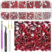 Glarks Rhinestone Gems Kit, 2600Pcs Red Rhinestones with Gems Adhesive Flat Back Gems Crystal Rhinestones with 6Pcs Dotting Tools for Craft, Nail Art