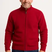 Full Zip 100% SHETLAND WOOL Up Knit JUMPER Pullover Mens Sweater Knitted - Red