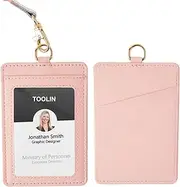 Leather ID Badge Holder,Slim Minimalist Elastic Credit Card Holder, Vertical Credit Card Holder for Men & Women with Neck Lanyard (Pink)