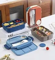 Lunch Box Containers with 4 Compartment Box Food Storage Box with Fork & Spoon Microwave Available for School Office Picnic(Blue)