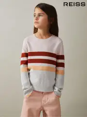 Reiss Pink Audrey 9-13 yrs Wool Blend Striped Crew Neck Jumper (E54487) | $80