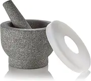 6" Granite Mortar and Pestle - 2-Cup Capacity Unpolished Granite Molcajete w/Silicone Lid - Grinder & Crusher for Mixing, Blending, Grinding, Serving, Spices Herbs, Guacamole, Salsa, Sauces & More