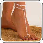 [Sttiafay] Pearl Barefoot Sandal Foot White Pearl Beaded Anklet Bracelet Summer Toe Ring Anklet Chain Stretch Wedding Pearls Foot Chain Jewelry for Women, Lagre, Zinc, no gemstone