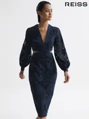 Reiss Navy Zena Lace Cut-Out Midi Dress (D68984) | $510