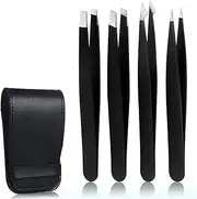 4 Pack Eyebrow Tweezers, Stainless Steel Slant Tweezer Set and Pointed Hair Removal Tweezers, Precision Tweezers for Ingrown Hair, Eyebrows Plucking, Daily Beauty Tool (black)