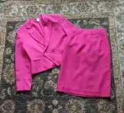 Vintage 1980s Hot Pink Power Suit UK 6/8 Fuchsia Blazer & Pencil Skirt Set Retro