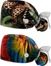 [YTYVAGT] 2-Pc,Nurse Scrub Caps,Scrub Hats with Buttons and Cotton Sweatband,Tropical Palm Leaves Leopard Butterfly