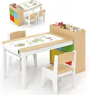 INFANS Kids Table and Chair Set, Toddler Art Craft Play Wood Activity Desk with 2 Chairs 4 Storage Canvas Bins Paper Roll for Writing Drawing, Children Furniture for Toys Boys Girls (Natural)