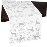 White Christmas Table Runner – Silver Snowflakes & Reindeer, Elegant Christmas