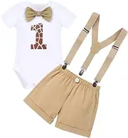 AWIBMK Baby Boys Jungle Safari Theme 1st Birthday Cake Smash Outfit Romper Suspenders Shorts Headbands 4PCS Clothes Set