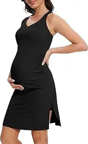 [M MOTEEPI] Women Maternity Tennis Dress Sleeveless Split Ruched Pregnancy V-Neck Golf Dresses with Shorts and Built in Bra