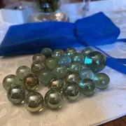 25 Marbles ENCHANTED FOREST Green Glass White Swirl game pack vtg style Shooter