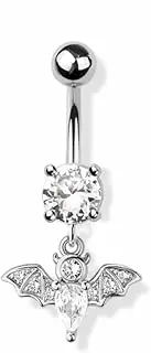 [Pierced Owl] 14GA 316L Stainless Steel CZ Crystal Bat Dangling Belly Button Ring