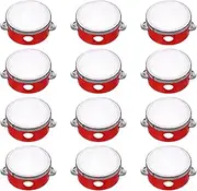 uxcell 12 Pcs Tambourine Drum 4 Inch Wood Hand Held Tambourine Single Row Metal Jingle Percussion Musical Drum Instrument for Adults Church Wedding Party Games, Red